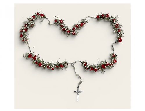 Red Silk Rosary with Babies Breath