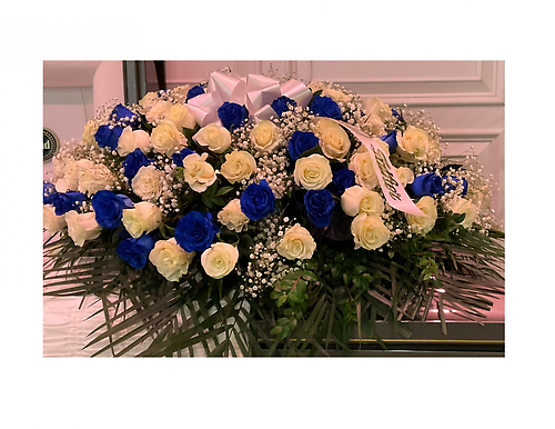 Blue and White Rose Casket Spray